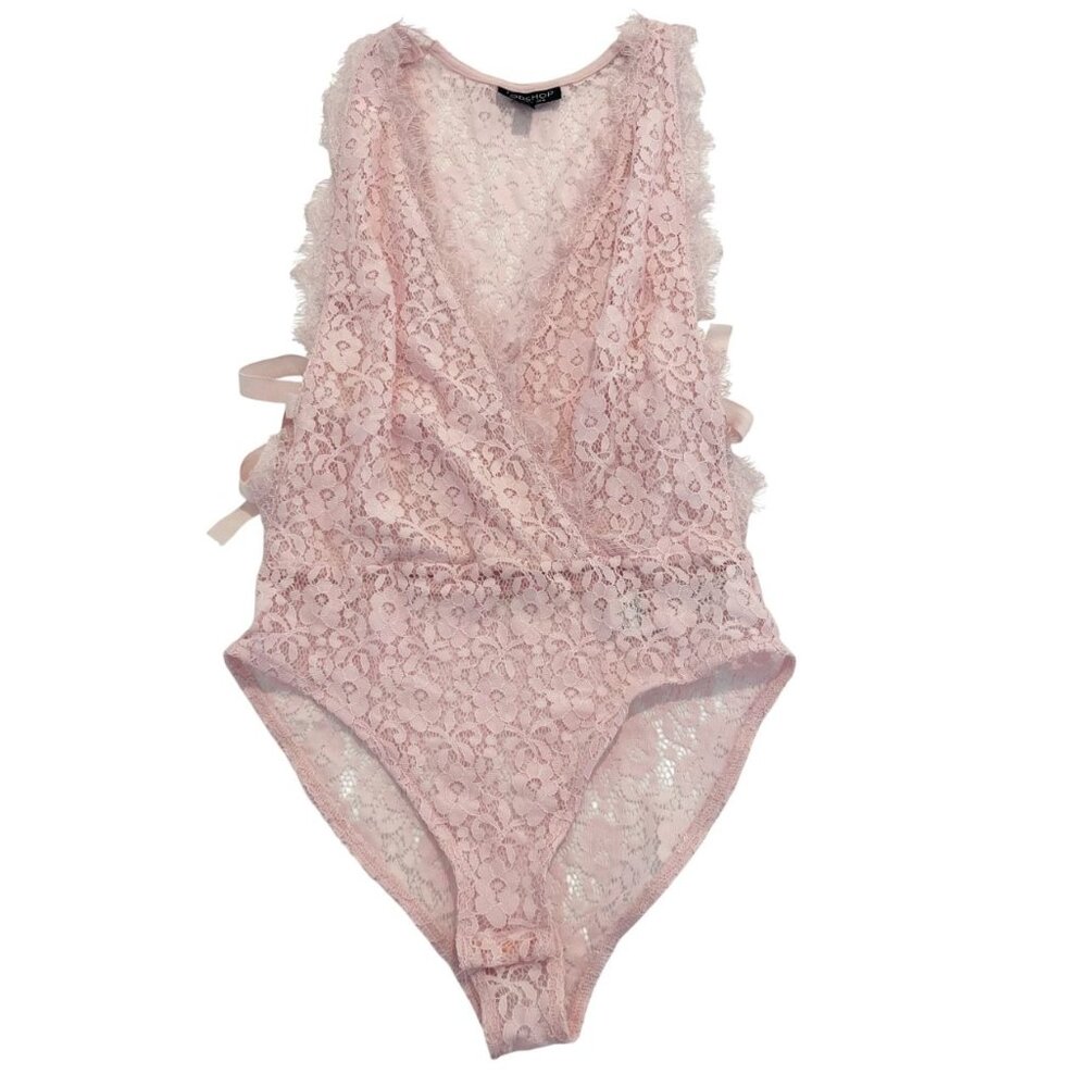 Topshop Pink Lace Open Bow Tie Side V-Neck Bodysuit Coquette Fairy Ballet Size 2
